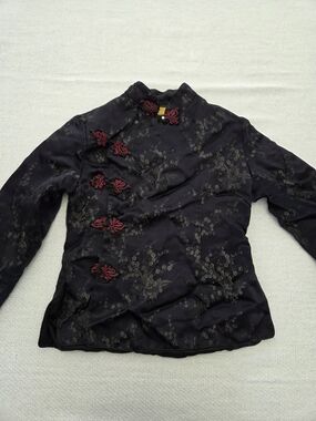 Black Floral Brocade Mandarin-Style Jacket with Red Frog Closures